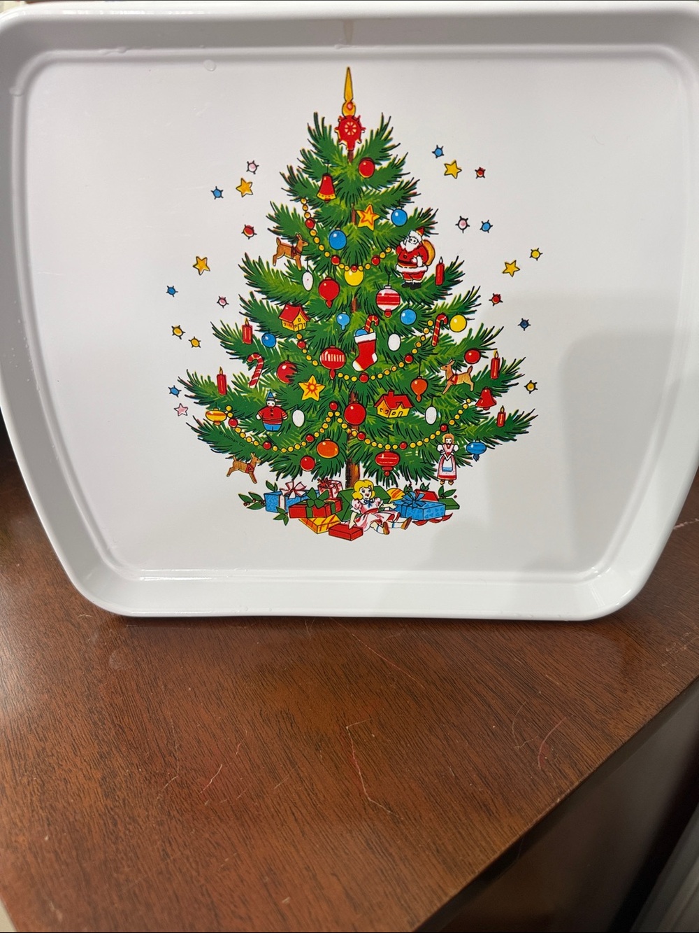 Holiday Christmas Tree Decorative Serving Tray - White